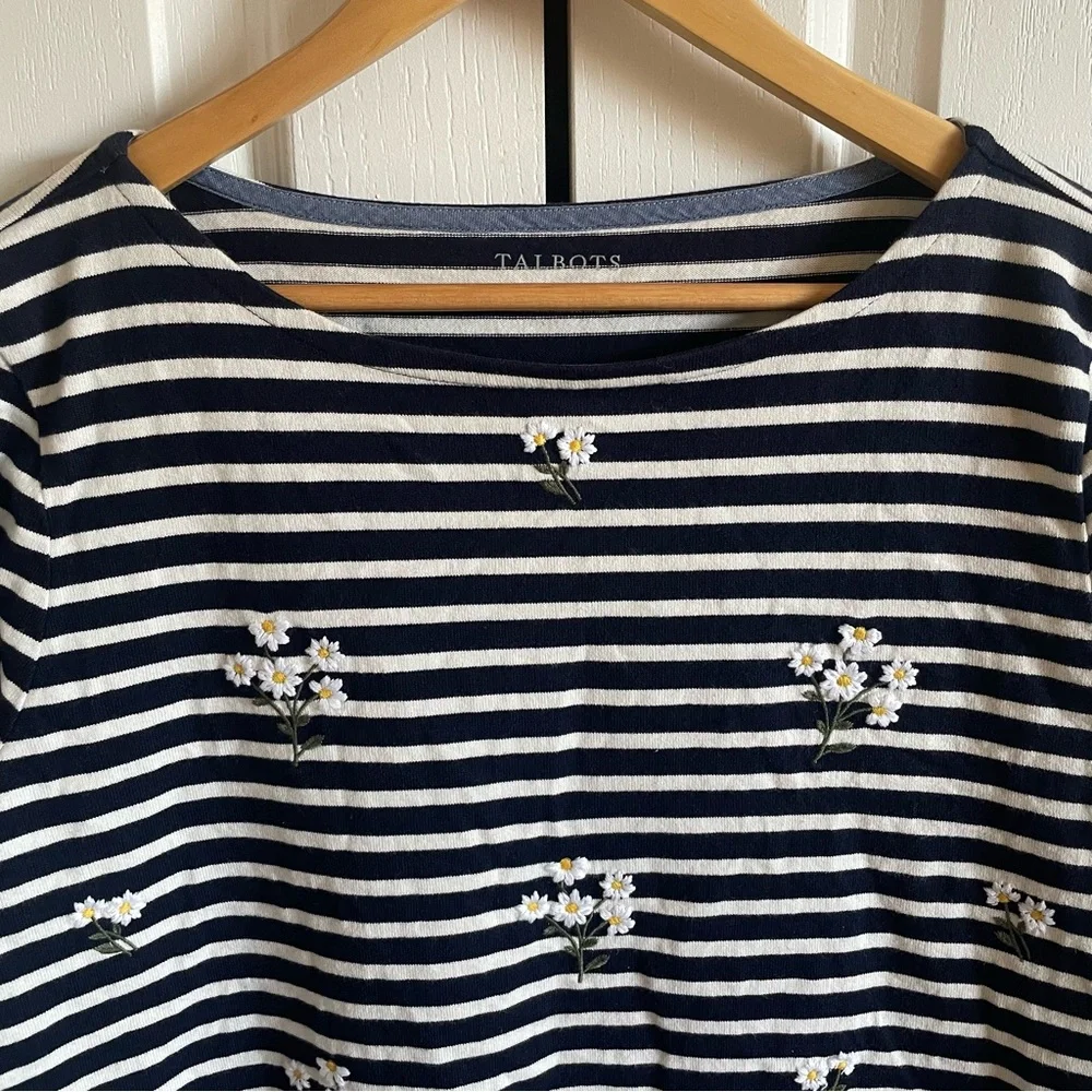 Talbots Striped Long Sleeve Top Womens L Floral Embroidered Basic Classic Preppy - Picture 4 of 15